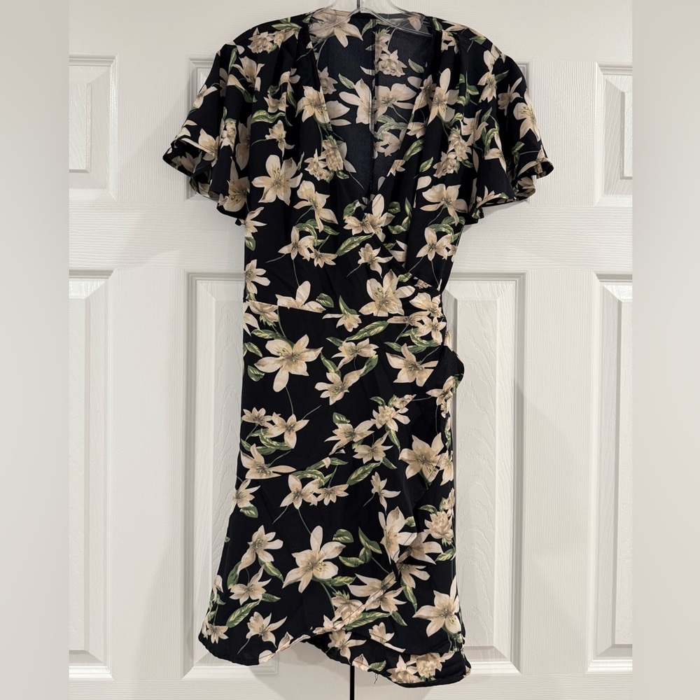Casual Black Floral Wrap Summer Dress V-Neck